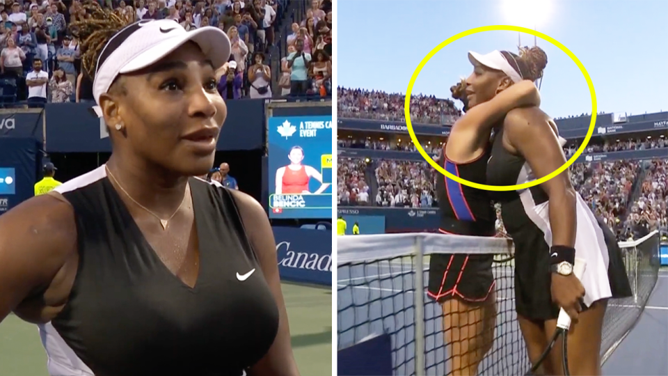 Rival Belinda Bencic (pictured right) embracing Serena Williams at the net and (pictured left) Williams during an on-court interview.