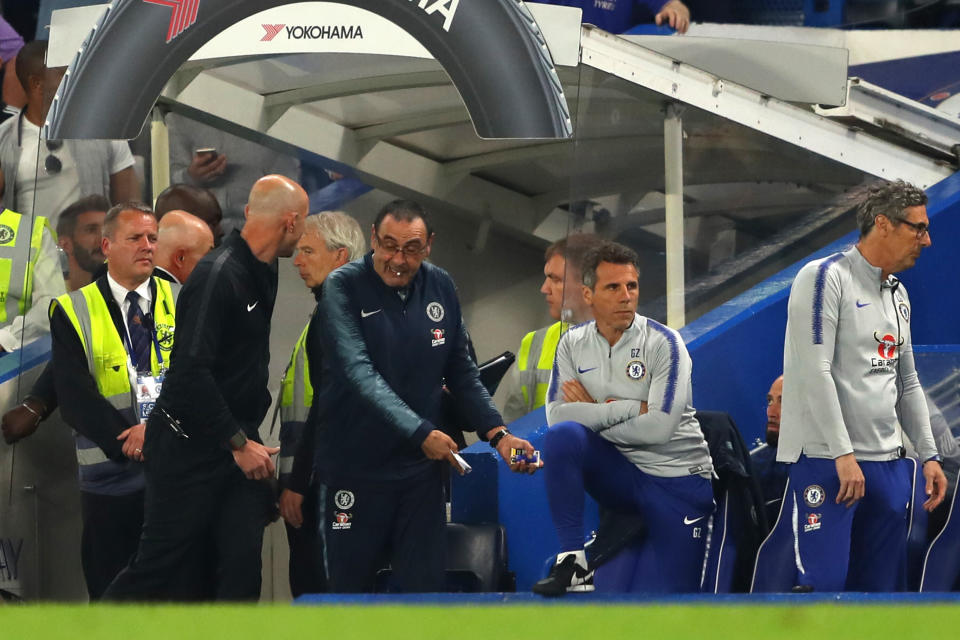 Referee Kevin Friend sends Maurizio Sarri manager of Chelsea off during the Premier League match between Chelsea and Burnley