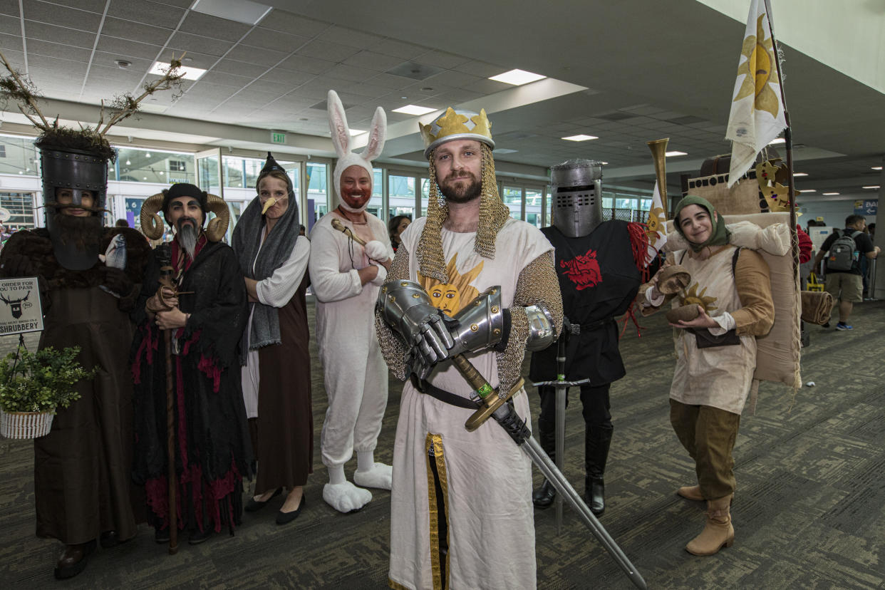 A group of Monty Python & The Holy Grail cosplayers.