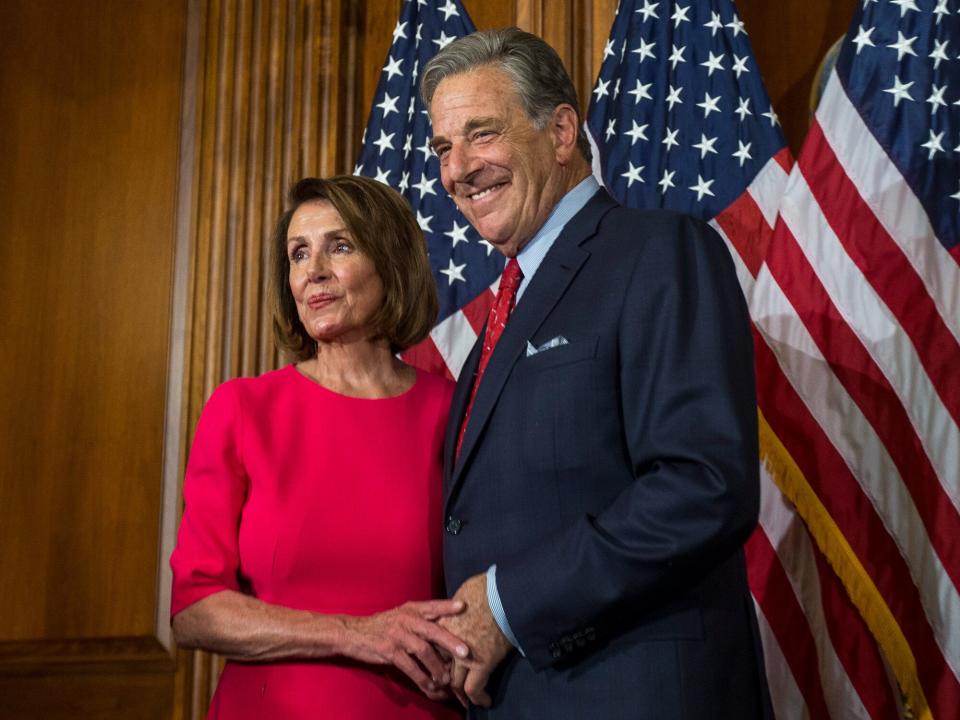 Nancy Pelosi is pictured with her husband, Paul Pelosi, on Capitol Hill on January 3, 2019 in Washington, DC. Under the cloud of a partial federal government shutdown, Pelosi reclaimed her former title as speaker and her fellow Democrats took control of the House of Representatives for the second time in eight years