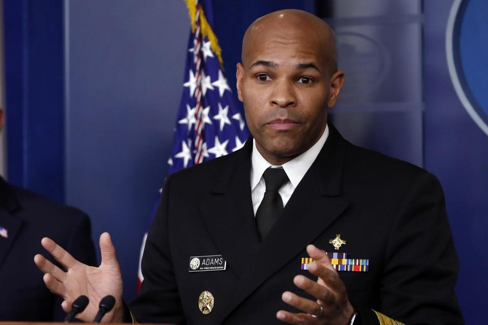 U.S. Surgeon General Jerome Adams speaks about the coronavirus in the James Brady Press Briefing Room of the White House, Friday, April 3, 2020, in Washington.