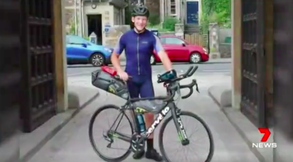 Charlie Condell set off from England three months ago, trying to become the youngest person to pedal solo around the world. Source: 7 News