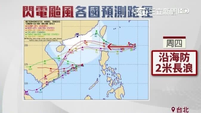 各國針對閃電颱風的路徑預測分歧。