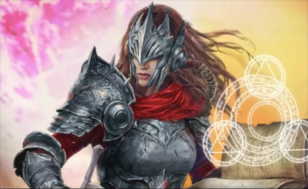  Dread Delusion Key art of armored woman gazing to left with magic glyphs to her right. 