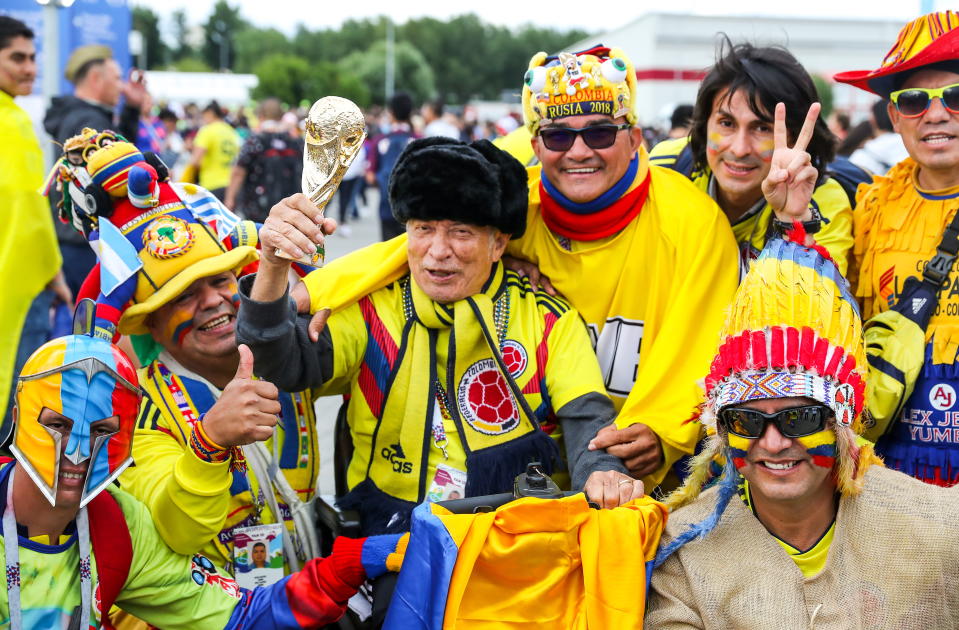 <p>Supporters of Team Colombia seen outside Spartak Stadium ahead of the 2018 FIFA World Cup Round of 16 match between Colombia and England. Anton Novoderezhkin/TASS (Photo by Anton Novoderezhkin\TASS via Getty Images) </p>