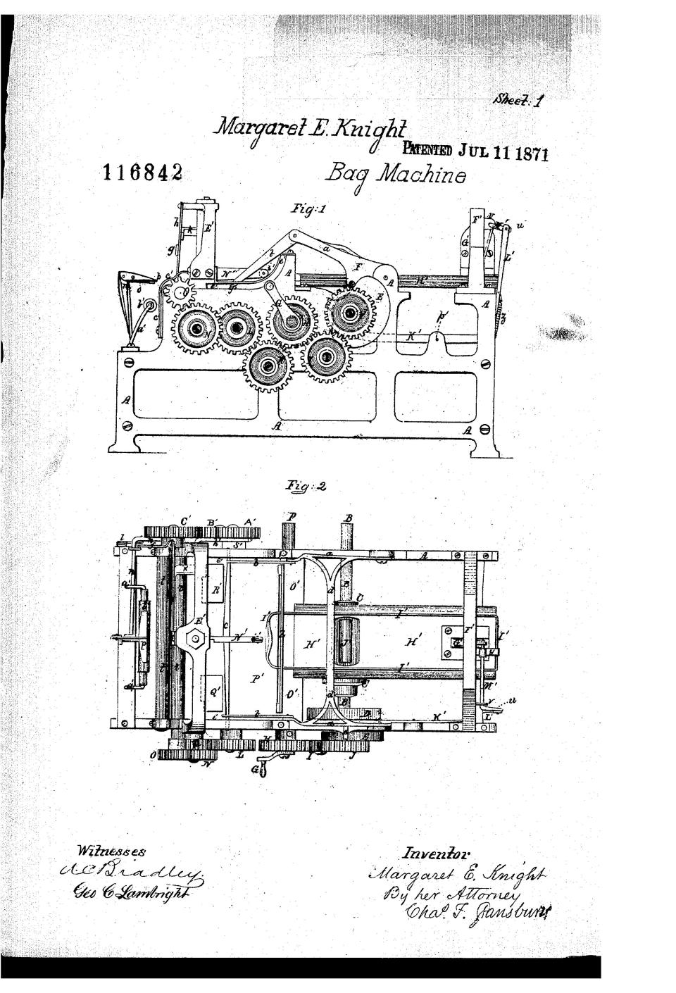 In 1868, while Margaret Knight was working at the Columbia Paper Bag Company, she began thinking about the possibility of a machine that could create flat-bottomed bags, one that would be much faster than the slow process of manually assembling them. <br /><br />Within a few months, she created a working model and took it to a local shop to refine her machine. <a href="https://www.asme.org/engineering-topics/articles/diversity/margaret-knight" target="_blank">According to ASME</a>, she moved to Boston to work with two machinists on it. <br /><br />A man named Charles Anan came by her shop to examine Knight&rsquo;s machine. When she went to file a patent, her application was rejected because one had already been given to Anan.<br /><br />Knight sued and won.