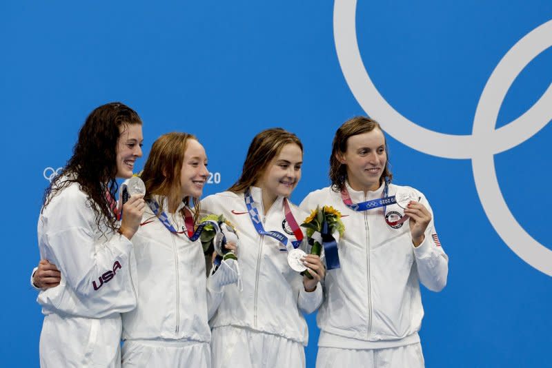 Katie Ledecky (R), a 10-time Olympic medalist, and the Team USA swimmers are expected to take home several medals once again this summer in Paris. File Photo by Tasos Katopodis/UPI.