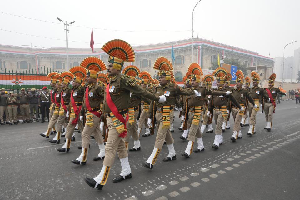 Indo Tibetan Border Police (ITBP) personnel march in front of the Vidhan Sabha during the Republic Day parade in Lucknow, capital of northern Indian state of Uttar Pradesh, Friday, Jan. 26, 2024. (AP Photo/Rajesh Kumar Singh)