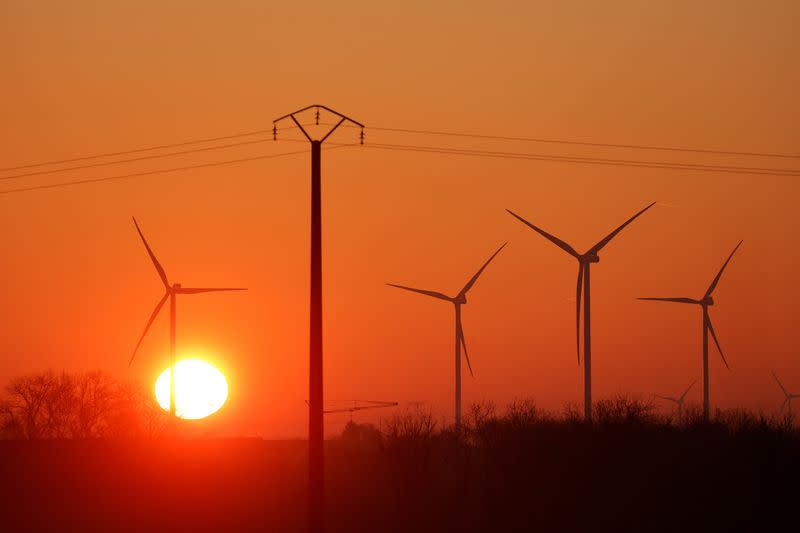 FILE PHOTO: Power-generating windmill turbines are pictured during sunrise at a wind park in Avesnes-le-Sec,