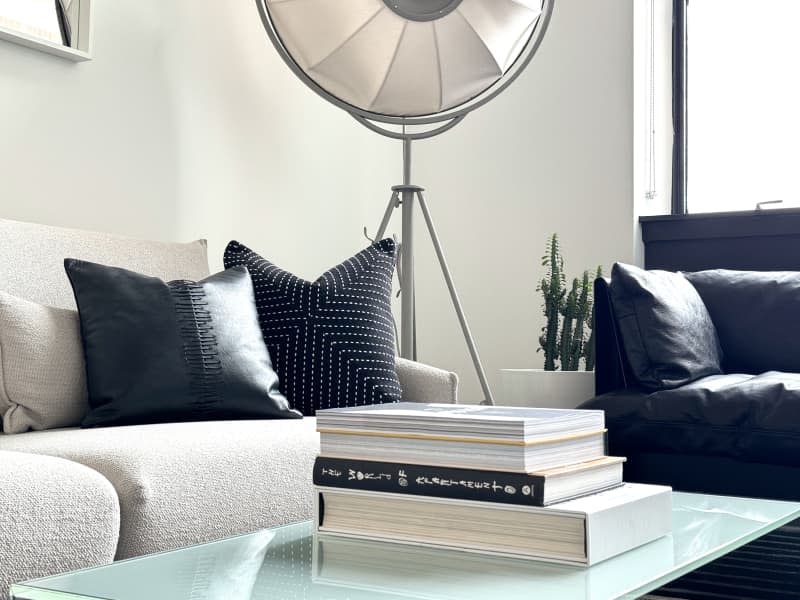 Coffee table books in a living room.