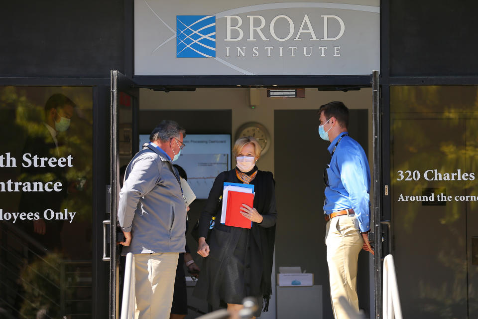 CAMBRIDGE, MA - OCTOBER 9: Dr. Deborah Birx walks to speak to the media outside the Broad Institute in Cambridge, MA on Oct. 9, 2020. In a visit to the high-capacity COVID-19 testing facility on Friday morning, Dr. Deborah Birx of the White House coronavirus task force warned that the rising number of cases in the Northeast is likely being fueled by asymptomatic spread at small gatherings of family and friends. (Photo by John Tlumacki/The Boston Globe via Getty Images)