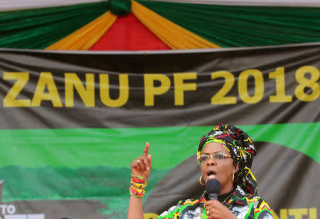 FILE PHOTO: Grace Mugabe, wife of President Robert Mugabe, addresses a rally of the ruling ZANU (PF) in Chinhoyi, Zimbabwe July 29, 2017. REUTERS/Philimon Bulawayo/File Photo