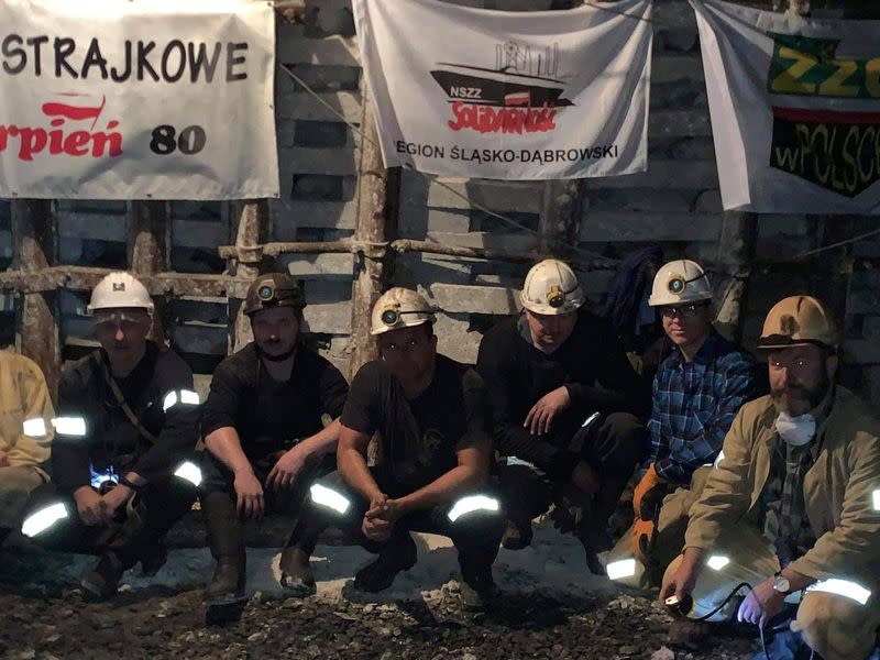 Miners are pictured during their underground protest in Myslowice-Wesola mine in Myslowiece