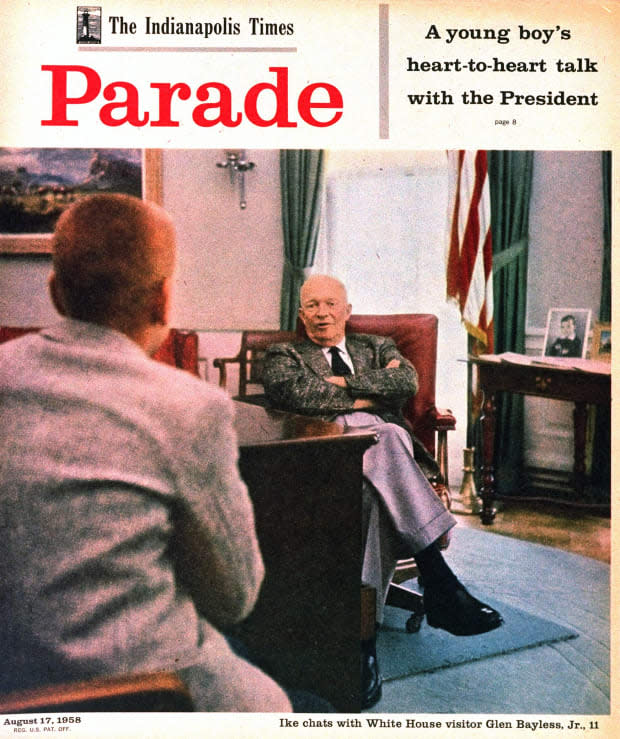 <p>President Eisenhower was photographed with White House visitor Glen Bayless, Jr. for the cover of the Aug. 17, 1958 issue of Parade.</p>