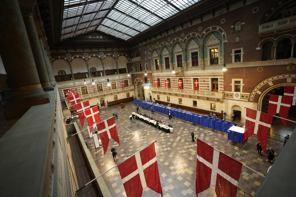 A view of a polling station at City Hall in Copenhagen, Denmark, on Tuesday, Nov 1, 2022. Denmark's election on Tuesday is expected to change its political landscape, with new parties hoping to enter parliament and others seeing their support dwindle. A former prime minister who left his party to create a new one this year could end up as a kingmaker, with his votes being needed to form a new government. (AP Photo/Sergei Grits)