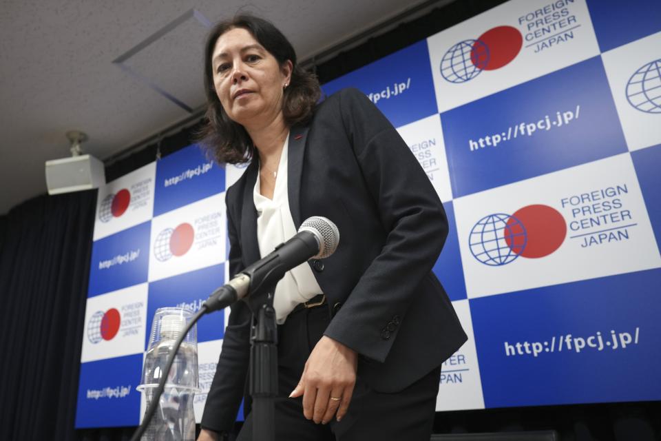 Lydie Evrard, the International Atomic Energy Agency (IAEA) Deputy Director General and head of the Department of Nuclear Safety prepares to attend a press conference at the Foreign Press Center Japan Monday, Oct. 23, 2023, in Tokyo. (AP Photo/Eugene Hoshiko)