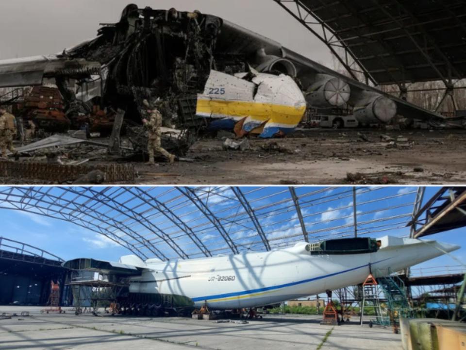 A composite image of photos showing the An-225 shortly after the attack with its wing and engines still attached (top) next to a picture of the An-225 on August 10 with no wings or engines (bottom).