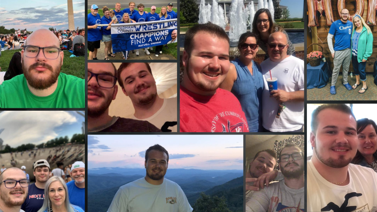 A collage of photos shows Max Emerson (top left) and Grant Brace (bottom center) and their families. Following the deaths of Emerson and Brace, their families have bonded and are working on foundations to honor the young men.