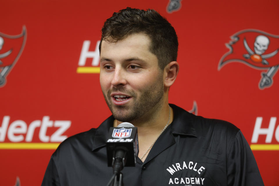 Tampa Bay Buccaneers quarterback Baker Mayfield speaks during a news conference after an NFL football game against the Minnesota Vikings, Sunday, Sept. 10, 2023, in Minneapolis. The Buccaneers won 20-17. (AP Photo/Bruce Kluckhohn)