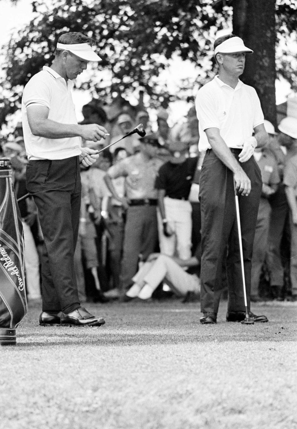 Arnold Palmer, left, and Tommy Jacobs are on first tee as they started their 36-hole grind in last two rounds of the National Open Golf Championship on June 20, 1964 at Washington’s Congressional Country Club.