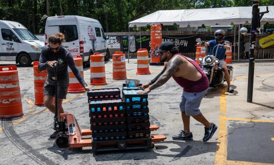 Workers are making preparations for thousands of bikers to arrive at Suck Bang Blow in Murrells Inlet, SC next week for the Myrtle Beach Spring Rally. May 7, 2024.