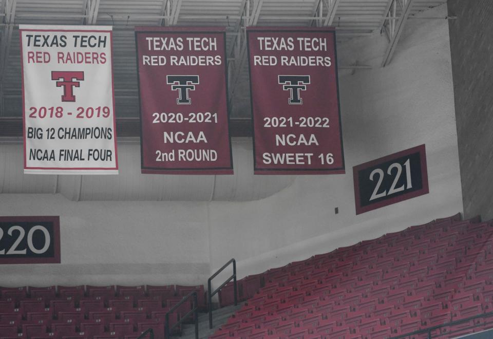 Banners are seen at the top of United Supermarkets Arena, Wednesday, July 19, 2023, at United Supermarkets Arena. 