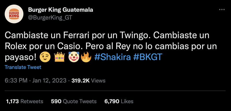 A screenshot of Burger King quoting Shakira's diss track over Piqué.
