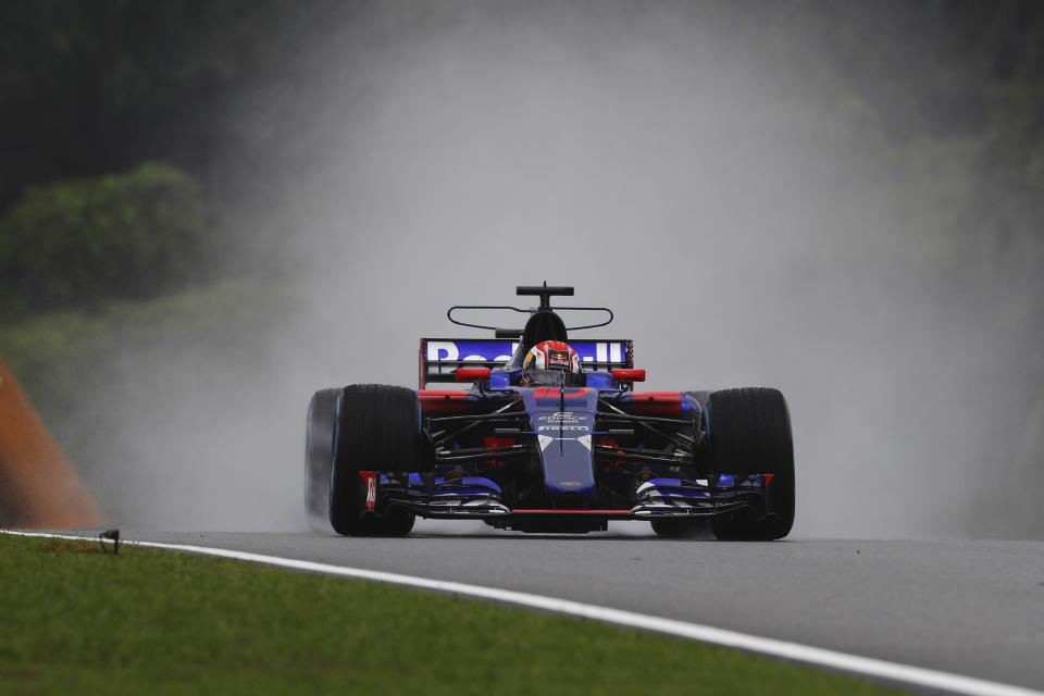 New skid on the block: Pierre Gasly puts the Toro Rosso through its paces in the wet at Sepang