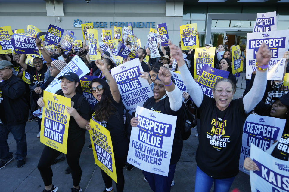 Kaiser Permanente healthcare workers rally outside Kaiser Permanente Los Angeles Medical Center in Los Angeles on Wednesday, Oct. 4, 2023. Some 75,000 Kaiser Permanente hospital employees who say understaffing is hurting patient care walked off the job Wednesday in five states and the District of Columbia, kicking off a major health care worker strike. (AP Photo/Damian Dovarganes)