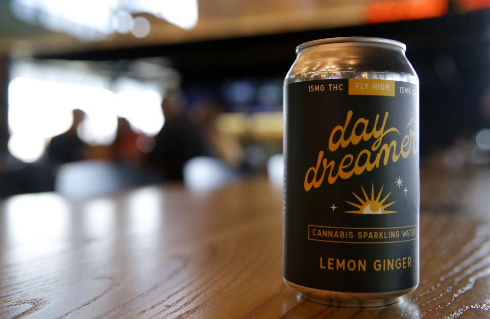 A 15mg can of Field Day Brewing Co.'s Lemon Ginger Day Dreamer THC beverage is pictured Wednesday, Feb. 21, 2024 at the brewery in North Liberty, Iowa.