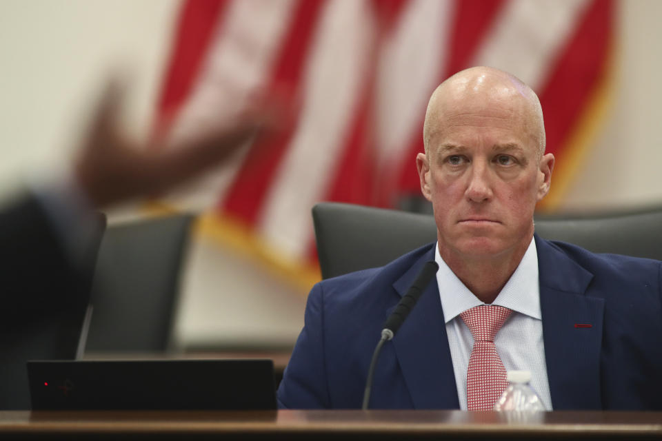 Sen. Nick DiCeglie, R-Indian Rocks Beach, listens to a speaker during the Committee on Banking and Insurance meeting Monday, Dec. 12, 2022 at the Capitol in Tallahassee, Fla. Florida lawmakers are meeting to consider ways to shore up the state's struggling home insurance market in the year's second special session devoted to the topic. (AP Photo/Phil Sears)