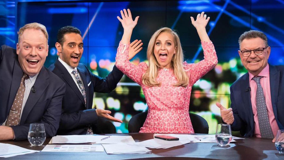 The Project hosts Peter Helliar, Waleed Aly, Carrie Bickmore and Steve Price on set. Photo: Channel 10.