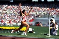 <p>Florence Griffith Joyner – nicknamed 'Flo-Jo' in the press – was, at one point, the fastest woman of all time, her 1988 Olympic 100m and 200m records obliterating previous times. </p><p>A US athlete with three Olympic golds, two silver medals, one gold World Championship medal and one silver achieved over her career, Griffith-Joyner died of an epileptic seizure aged 39.</p>