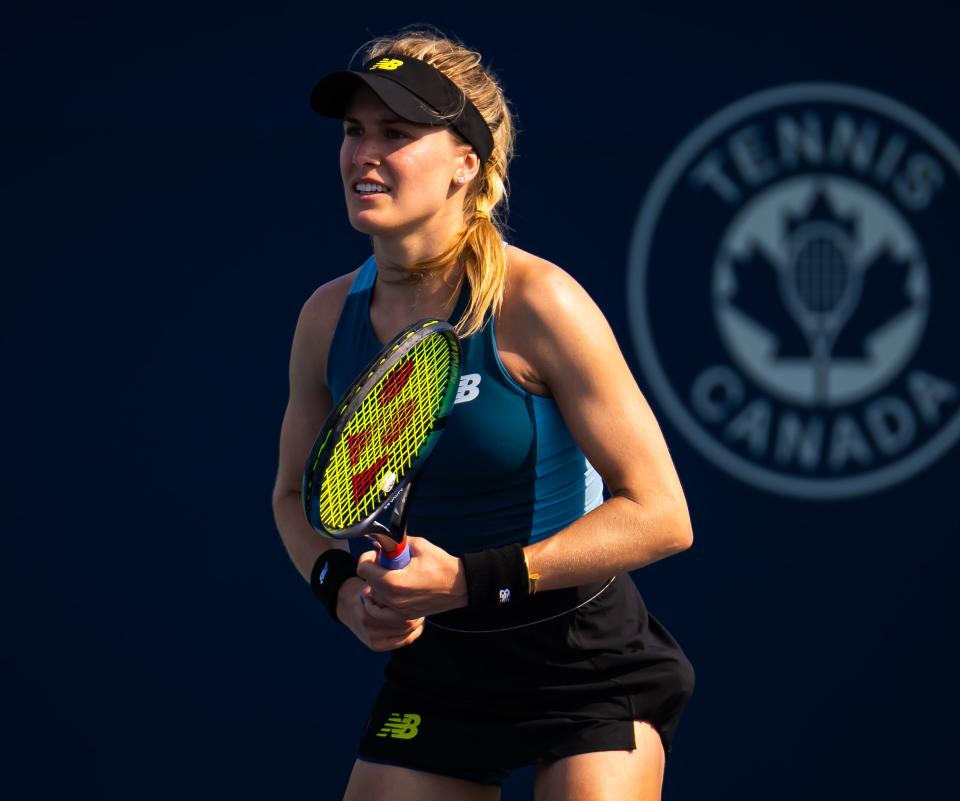 TORONTO, ONTARIO - AUGUST 04: Eugenie Bouchard of Canada in action against Moyuka Uchijima of Japan in the first qualifications round ahead of the National Bank Open Presented by Rogers at Sobeys Stadium on August 04, 2024 in Toronto, Ontario (Photo by Robert Prange/Getty Images)