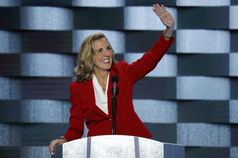 Senate candidate Katie McGinty waves to delegates before speaking during the final day of the Democratic National Convention in Philadelphia. (Photo: J. Scott Applewhite/AP)