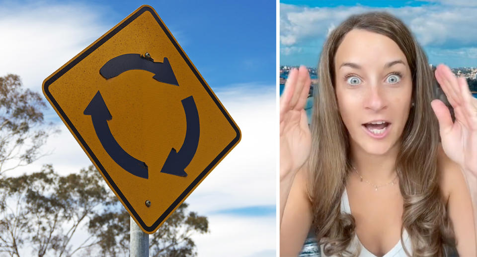 Australian roundabout sign; American TikToker Hannah Shuman