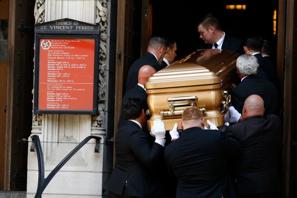 Pallbearers carry the casket at the funeral of Ivana Trump at St. Vincent Ferrer Roman Catholic Church on July 20, 2022 in New York City. Ivana Trump, the first wife of former president Donald Trump, died at the age of 73 after a fall down the stairs of her Manhattan home.