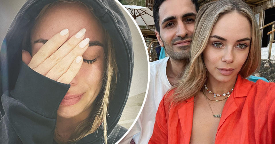 L: Big Brother star Tully Smyth crying with her hand over her face. R: Tully Smyth and boyfriend Daniel Parisi pose on holiday