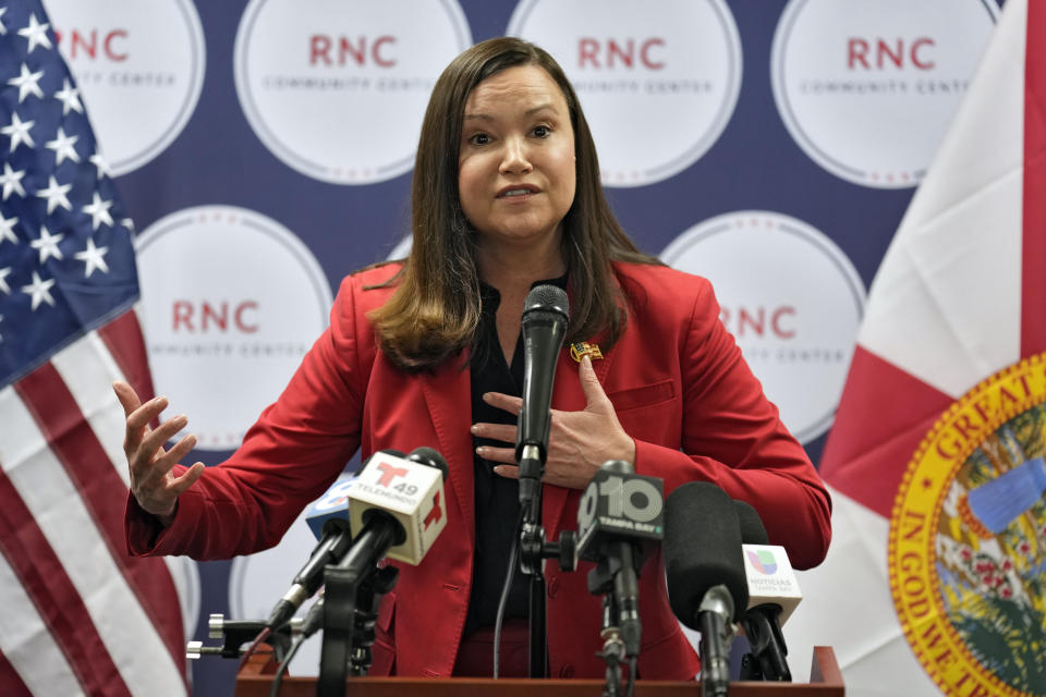 FILE - Florida Attorney General Ashley Moody gestures as she speaks, Oct. 18, 2022, in Tampa, Fla. The Florida Supreme Court will be hearing arguments on whether a proposed abortion rights initiative should appear on the ballot in November. (AP Photo/Chris O'Meara, file)