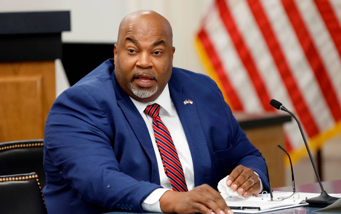 Lt. Gov. Mark Robinson speaks during the Council of State meeting in Raleigh, N.C., Tuesday, Jan. 9, 2024.