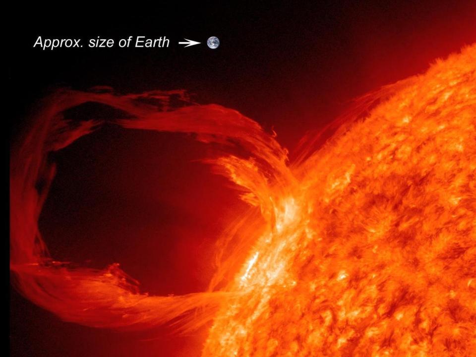 sun surface red hot plasma with a giant arc looping out and tiny earth superimposed nearby for scale