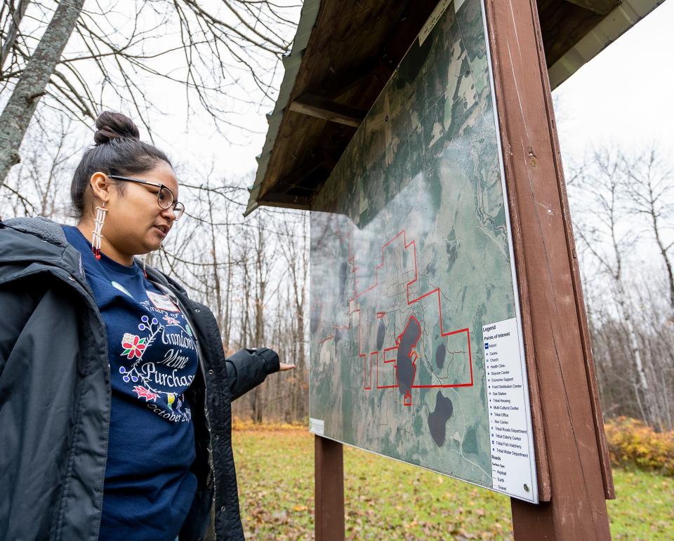 Tashena Van Zile, Tribal Historic Preservation Coordinator for the Wisconsin Department of Transportation and a Ojibwe tribal member, speaks about the location of the mine during the 20th Anniversary Celebration of the Historic Crandon Mine PurchaseOctober 28 in Crandon.