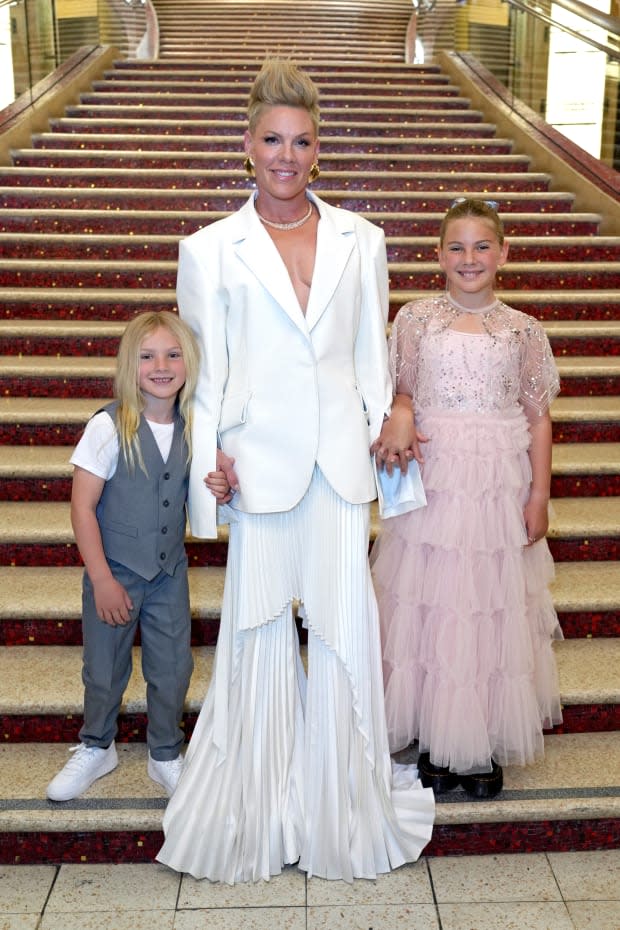 Jameson Hart, P!NK, and Willow Sage Hart attend the 2023 iHeartRadio Music Awards at Dolby Theatre in Los Angeles, California, on March 27, 2023. <p>Kevin Mazur/Getty Images for iHeartRadio</p>