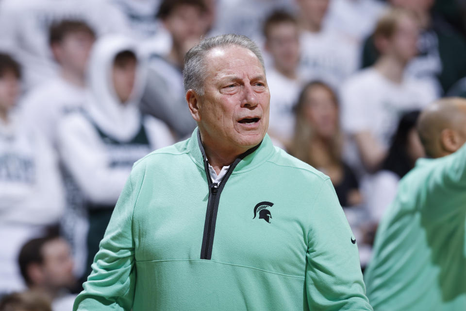 Michigan State coach Tom Izzo reacts during the first half of an NCAA college basketball game against Rutgers, Sunday, Jan. 14, 2024, in East Lansing, Mich. (AP Photo/Al Goldis)