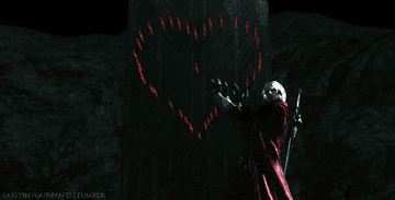 Dante clapping his hands twice and setting off a chain of exploding shells embedded in a wall in the shape of a heart