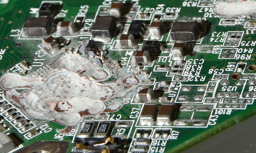 A close-up of the laptop circuit board destroyed under the supervision of GCHQ in the basement of the Guardian offices.