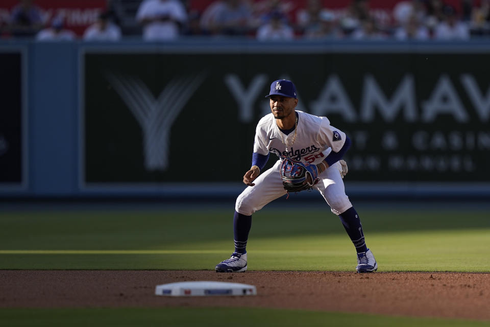 Los Angeles Dodgers shortstop Mookie Betts gets himself set during the first inning of a baseball game against the Kansas City Royals Saturday, June 15, 2024, in Los Angeles. (AP Photo/Mark J. Terrill)