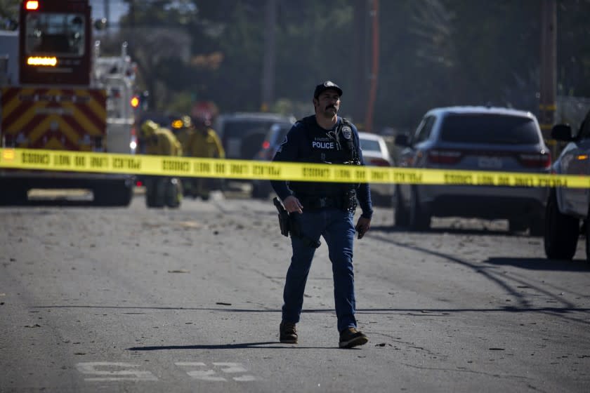 Ontario, CA - March 16: Debris is scattered after a massive blast caused by exploding fireworks on 1700 block of Fern Avenue on Tuesday, March 16, 2021 in Ontario, CA.(Irfan Khan / Los Angeles Times)