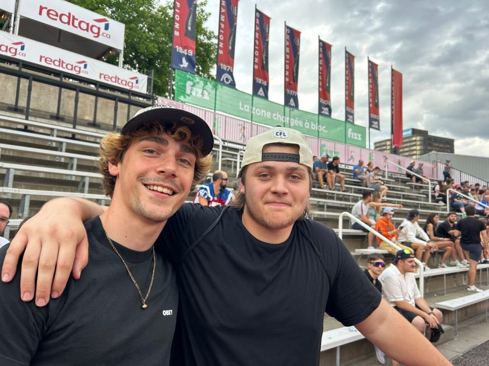 Sam Boudreau, right, remembers the Alouettes' last win in 2010, but this 2023 championship is the first Montreal professional team victory he was old enough to celebrate.