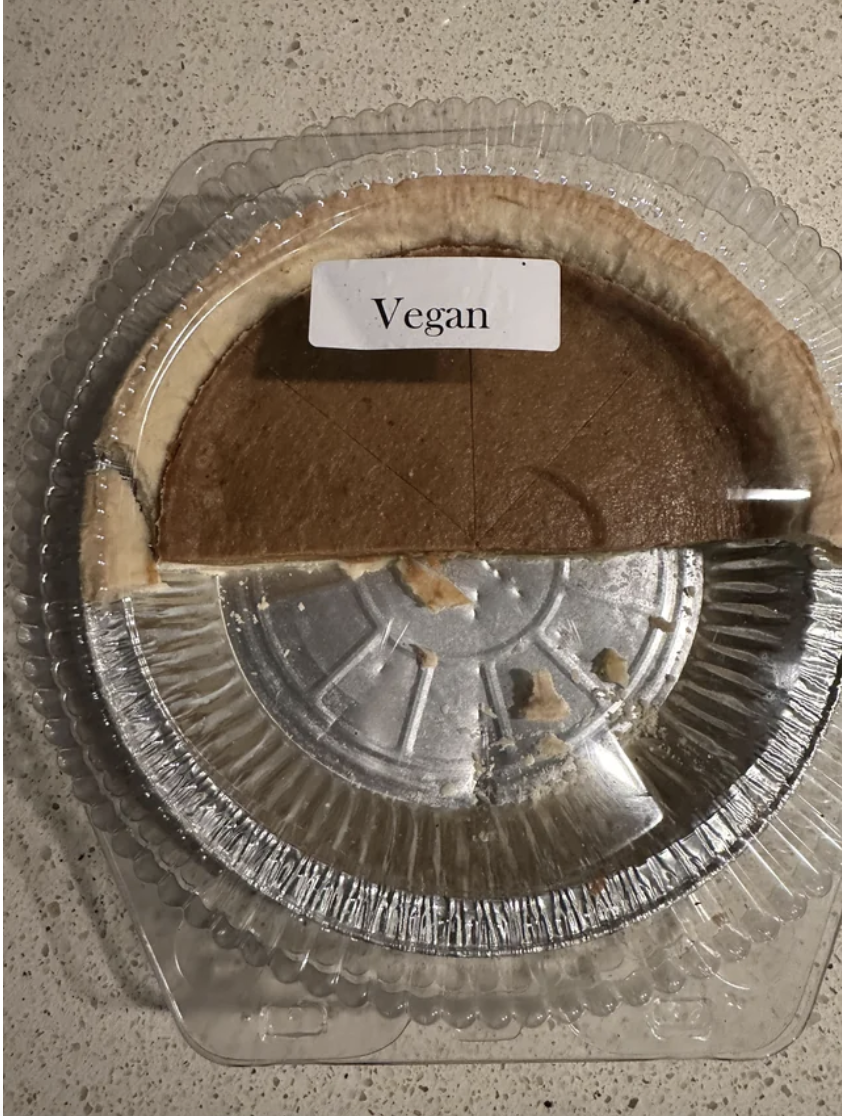 Half a pie with "Vegan" label on it